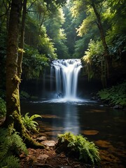 Sticker - Sunlit waterfall in a lush forest.