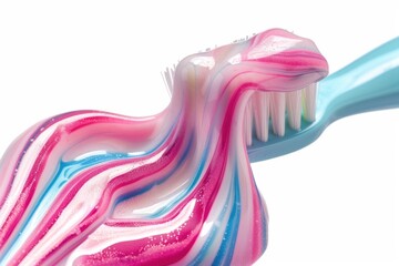 Wall Mural - A close-up shot of a toothbrush featuring pink, blue, and white stripes