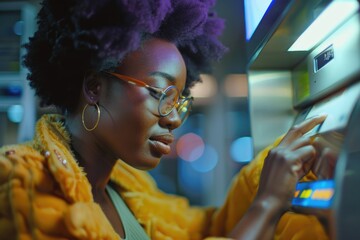 Wall Mural - A woman wearing glasses holding a cell phone and scrolling through it