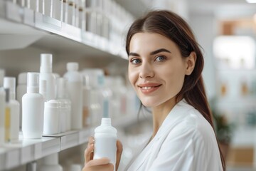 Poster - A woman holds a bottle of lotion in a store setting, potentially shopping for personal care items