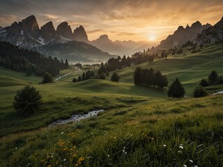 Canvas Print - Sunrise views in the Dolomites with meadows, river, and fog.