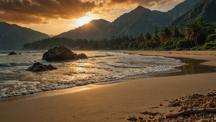 Canvas Print - Sunset beach with trees and mountains.