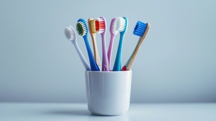 Poster - A colorful collection of toothbrushes in a single cup