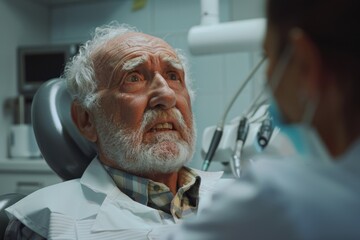 Wall Mural - A patient sits in a dentist chair wearing a stethoscope, ready for an examination