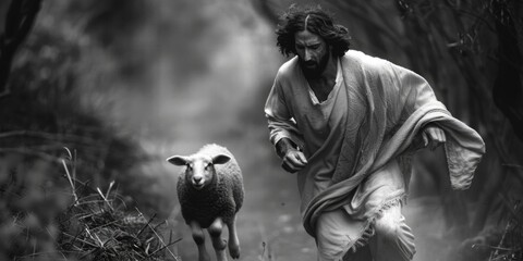 Poster - A person walks with a sheep in a rural setting, suitable for use in photos about nature, animals or outdoor activities