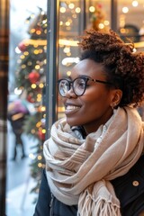 Poster - A woman wearing glasses and a scarf stands in front of a window