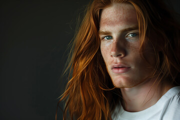 Canvas Print - Extreme close-up portrait of a very handsome young man with long red hair, green eyes, freckles, and a white t-shirt - isolated, dark background, copy space