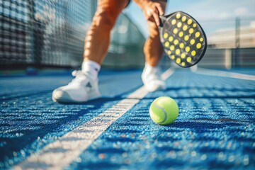 Poster - A tennis ball and racket placed on a tennis court, ideal for sports-related or fitness-themed projects