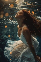 Aufkleber - A woman swims in white dress underwater