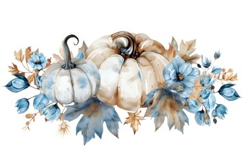 Wall Mural - Watercolor painting of two pumpkins surrounded by blue flowers