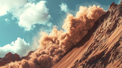 A striking image of a dust cloud cascading down a sandy slope under a vibrant blue sky, showcasing the beauty of natural erosion.