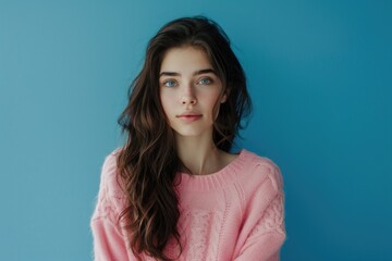 Poster - A woman poses for a photo wearing a bright pink sweater, ready for the camera