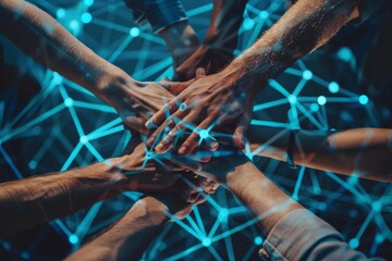 Poster - Hands from different individuals come together to form a united group, representing teamwork in a modern, digitally connected environment filled with blue lines.