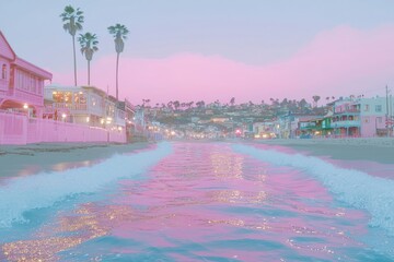 Retro style landscape with palm trees, pink sky, and blue water reflections