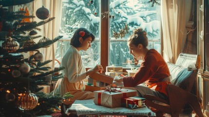 Poster - Two young girls excitedly unwrap their Christmas presents in front of a beautifully decorated tree