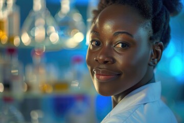 Poster - A woman in a lab coat smiles at the camera