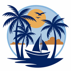 Canvas Print - palm tree and sun boat silhouette illustration