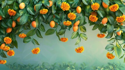 Poster - Fresh oranges hanging from tree branches, ideal for food or decoration