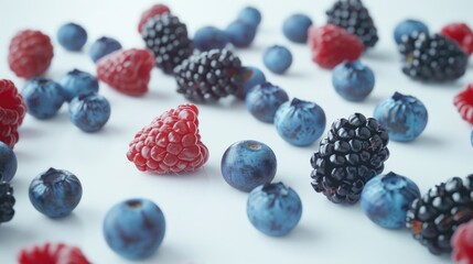 Poster - A close-up shot of fresh berries and blueberries arranged on a white surface