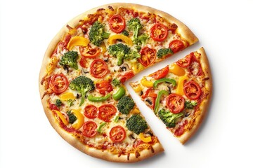 Colorful vegetable pizza with broccoli, peppers, and tomatoes on a white background