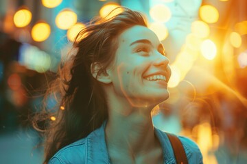 Canvas Print - A woman smiling as she walks down a city street, possibly on her way to work or meeting friends