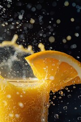 Poster - A single orange slice falls into a glass of clear water, creating a splash and ripples