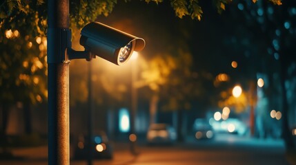 A nighttime scene featuring a security camera monitoring a quiet street, highlighting safety and surveillance in urban areas.