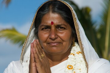 Elderly woman with namaste gesture and traditional indian attire