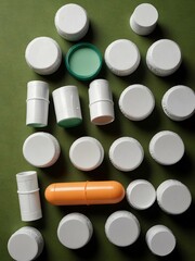 Top view of plastic pill containers arranged on a green background.