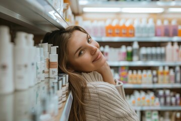 Poster - A woman leaning against a shelf in a store, surrounded by products and displays