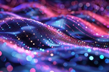 Poster - Colorful waves with glowing dots create an enchanting visual experience, evoking a sense of depth and movement in an abstract setting at night.