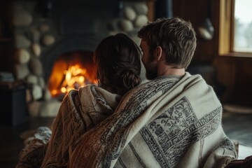 Cozy couple relaxing by a fireplace in a rustic cabin setting