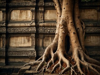 Sticker - Tree root over a temple wall.