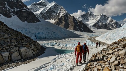 Sticker - Trekkers walking along the Khumbu Glacier, Himalayas.