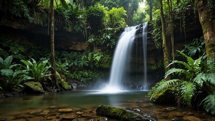 Sticker - Tropical rainforest waterfall in a jungle setting.