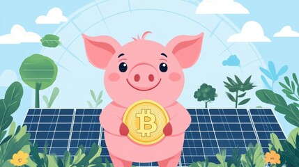 A cartoon pig holding a Bitcoin coin in front of solar panels.