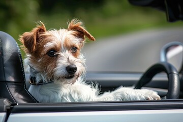 A cheerful small dog relaxes in the driver's seat of a convertible, taking in the fresh air while cruising along a picturesque road on a sunny day.