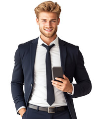 businessman holding a mobile phone isolated on transparent background