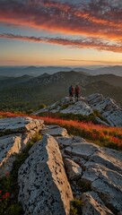 Canvas Print - Two hikers on a rocky peak with a vibrant morning sky.