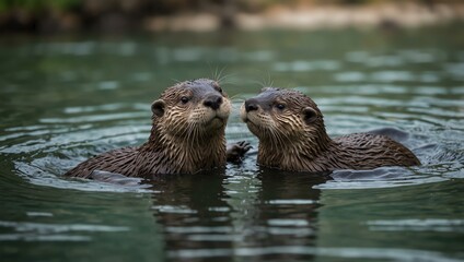 Two otters playing in the water.