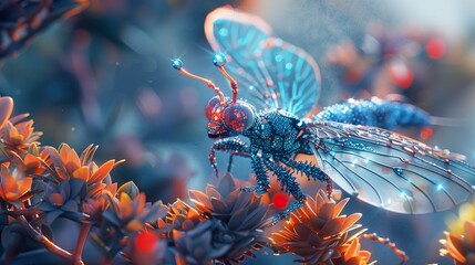 A Detailed Blue Insect with Glowing Wings on a Flower