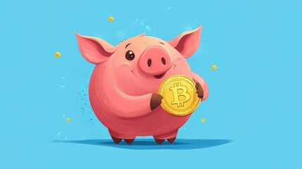 A cute cartoon piggy bank holding a Bitcoin coin, with a light blue background and yellow sparkles around it.