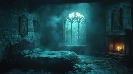 A dimly lit, eerie bedroom with a gothic window and a flickering fireplace.