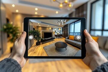 Wall Mural - virtual open house showing of a modern, stylish home with a real estate agent guiding a live video t