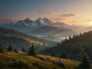 Canvas Print - Ultra-realistic morning mountain scene.