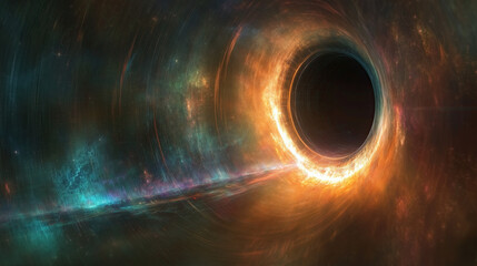 A mesmerizing black hole surrounded by vibrant cosmic colors and swirling energy