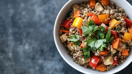 Close up of a white bowl of quinoa with bell peppers, carrots, and parsley on a gray background.