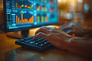 Poster - Close-up shot of a man's hands typing on a keyboard with a blurred computer screen showing financial graphs and charts in the background. stress, technology, data, analytics, work, office