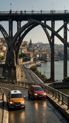 Canvas Print - Vehicles crossing the Douro River through Porto’s bridge.