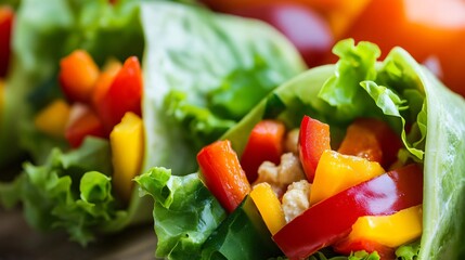 Close-up of lettuce wraps filled with red and yellow peppers, cucumber, and a creamy filling.